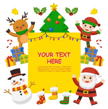 Merry Christmas ve yeni yıl tebrik kartı. Şirin çocuklar Noel kostümler giymiş. Reklam broşürü için şablon.