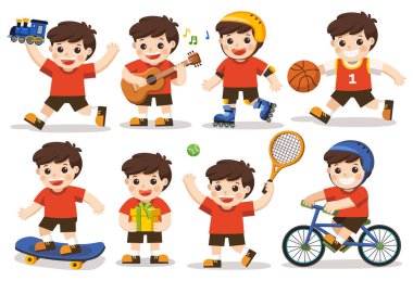 bir çocuk etkinlik kümesi: hoş çocuk oyuncakları ile oynarken. Oyun basketbol, spor dahil olmak üzere spor, tenis, Bisiklet, paten inişli çıkışlı. Gitar çalmak ve mutlu bir şekilde şarkı. Mevcut holding.