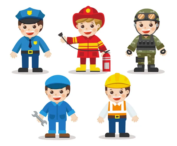 Conjunto Crianças Diferentes Profissões Doutor Mecânico Soldado Engenheiro Polícia Bombeiro — Vetor de Stock