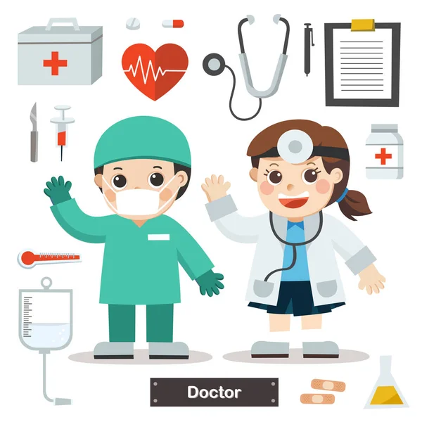 Conjunto Personajes Doctor Con Equipo Médico Doctor Icono — Archivo Imágenes Vectoriales