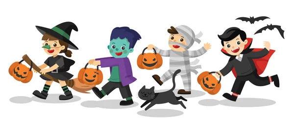 Set Van Happy Halloween Grappige Kinderen Kleurrijke Kostuums Een Kat — Stockvector