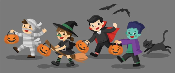 Set Van Happy Halloween Grappige Kinderen Kleurrijke Kostuums Een Kat — Stockvector