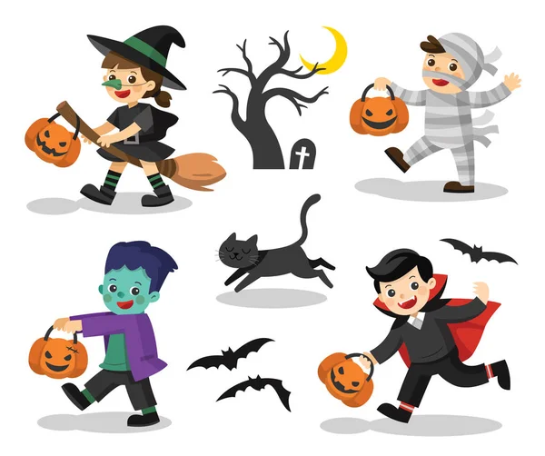 Sada Veselý Halloween Vtipné Děti Pestrých Kostýmech Kočka Zombie Mumie — Stockový vektor