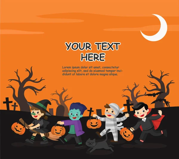 Feliz Halloween Niños Vestidos Con Disfraces Halloween Para Trick Treating — Vector de stock