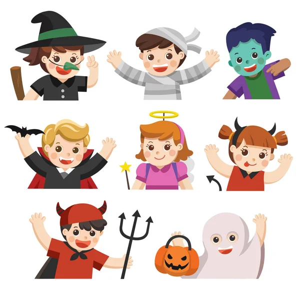 Mutlu Cadılar Bayramı Cadılar Bayramı Için Şık Giyinmiş Çocuklar Şaka — Stok Vektör