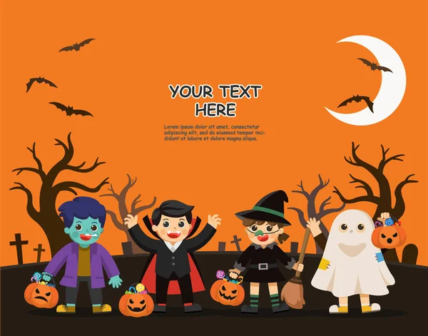 Fijne Halloween Kinderen Gekleed Halloween Fancy Jurk Gaan Trick Treating — Stockvector