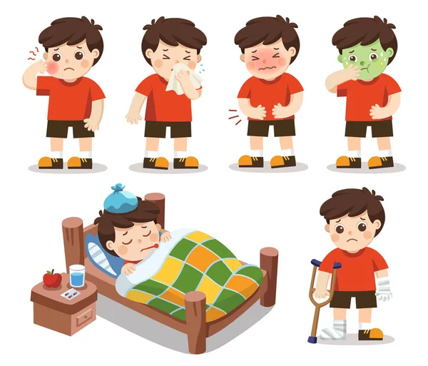 Set of A boy get sick. He has high temperature. stomach ache , Toothache. Vector illustration — Stock Illustration Set Boy Get Sick Has High Temperature Stomach Ache Toothache Royalty Free Stock Illustrations