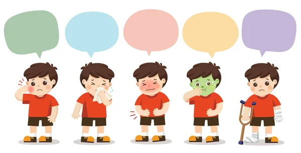 Set of A boy get sick with speech frame isolated on white background. Vector illustration — Stock Illustration Set Boy Get Sick Speech Frame Isolated White Background Vector Stock Illustration