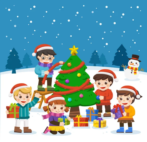 Happy New Year Merry Christmas Adorable Kids Snowman Christmas Tree — Stock Vector