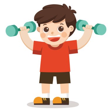 Dambıl ile egzersiz hoş çocuk. Neşeli çocuk egzersiz. vektör çizimi