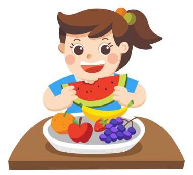 Küçük kız Friuts yemek mutlu. Friuts seviyor.