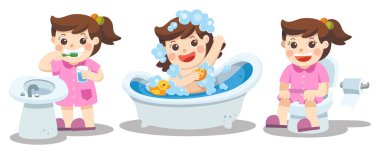 Fırçalarken, tuvalette otururken banyo bir kız. Sağlık ve hijyen. 