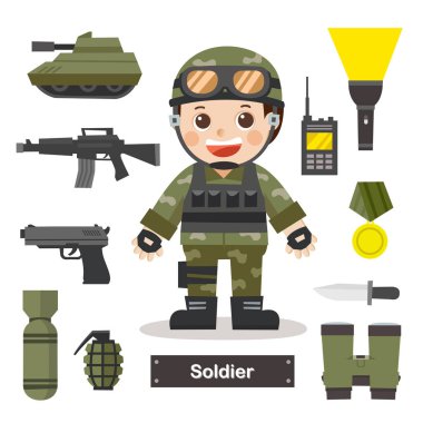 Karakter asker profesyonel ekipmanları ile asker memur sayısını ayarlayın. Asker simgesi.