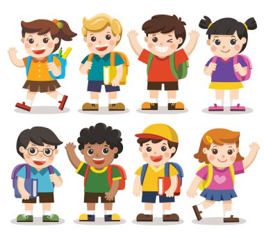 Şirin çocukları okula gidiyorum. Okula dönüş. Çeşitli çocuk ve farklı milletlerden, beyaz arka plan üzerinde izole kümesi. İzole vektör