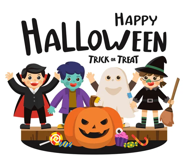 Happy Halloween Trick Treat Party Dzieci Kolorowe Kostiumy Dynie Cukierków — Wektor stockowy