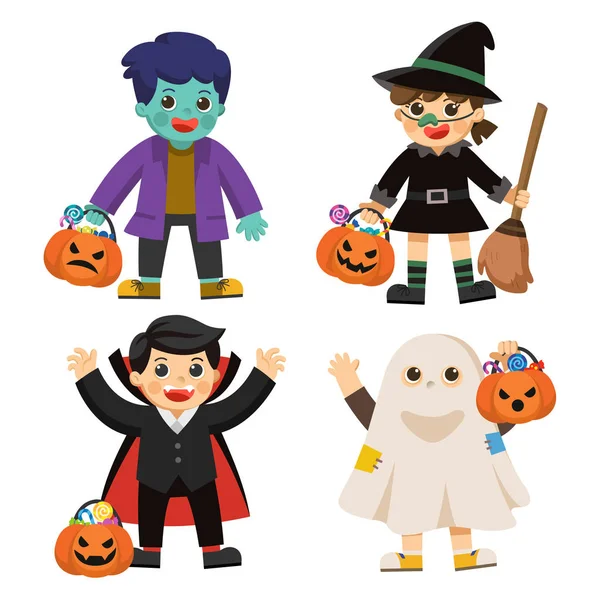 Set Van Happy Halloween Grappige Kinderen Kleurrijke Kostuums Pompoen Mand — Stockvector
