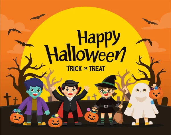 Wesołego Halloween Dzieci Ubrane Strój Halloween Fantazyjne Iść Trick Lub — Wektor stockowy