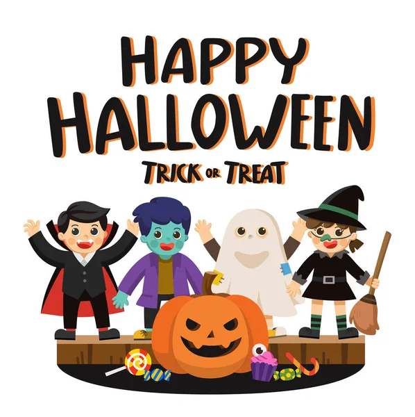 Happy Halloween Trick Treat Party Dzieci Kolorowe Kostiumy Dynie Cukierków — Wektor stockowy