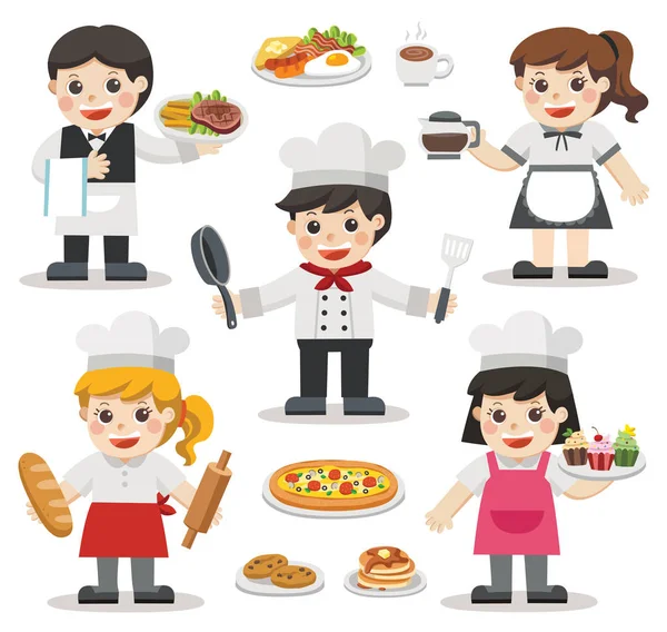 厨师的特点与食物和甜点 厨师图标 在餐厅工作的专业厨师 矢量人物插画 — 图库矢量图片
