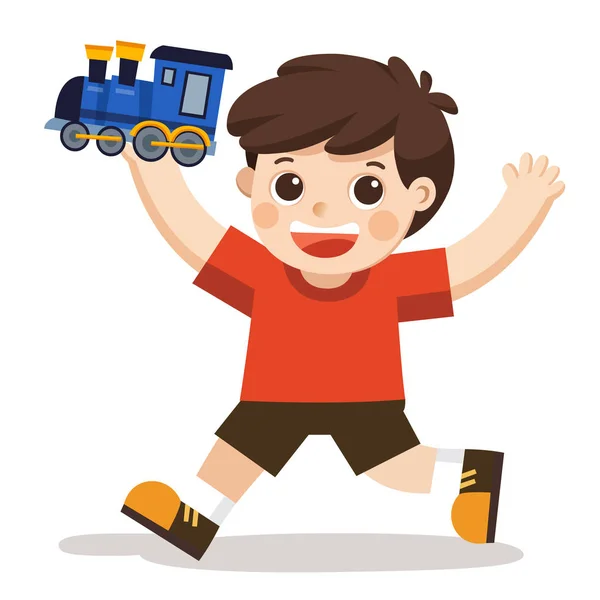 Мальчик Играет Свою Игрушку Синем Поезде — стоковый вектор