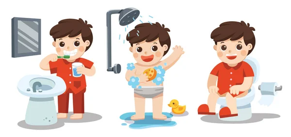 Fırçalarken, tuvalette otururken banyo bir çocuk. Sağlık ve hijyen. 
