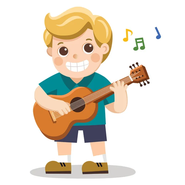 Garçon Joyeux Jouant Guitare Chantant Joyeusement — Image vectorielle