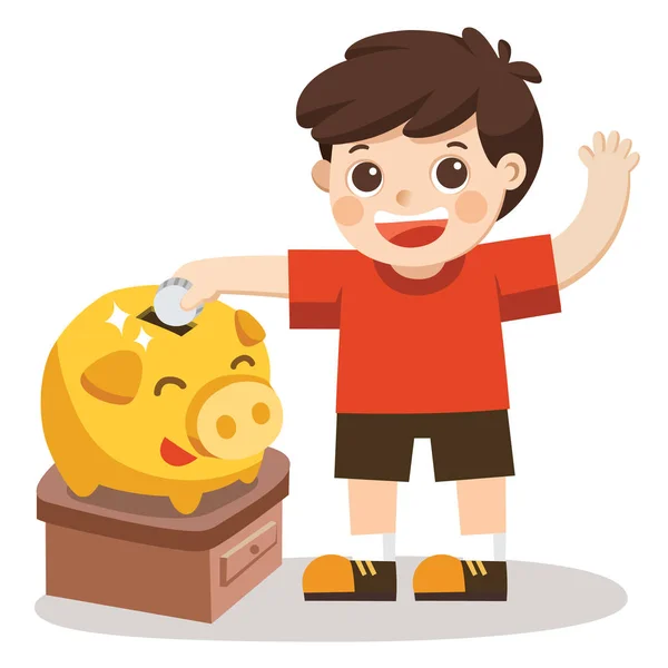 Domuzcuk bankada para tasarrufu için mutlu küçük bir çocuk. İzole vektör