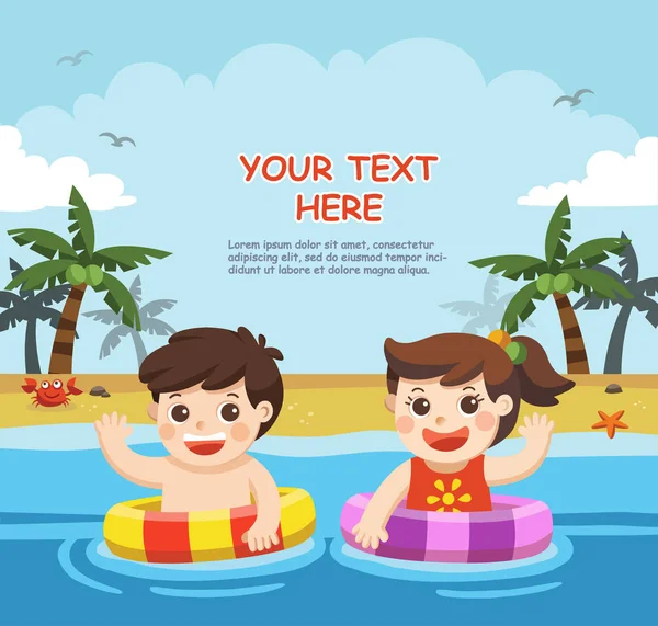 快乐的孩子们在沙滩上玩耍和游泳 广告宣传册模板 — 图库矢量图片