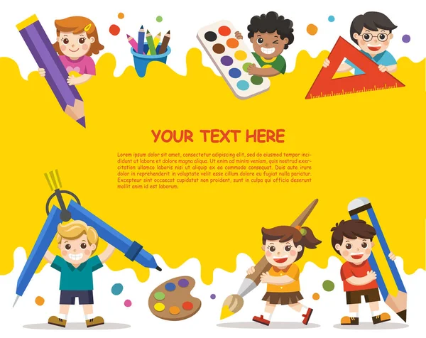 回到学校 快乐的学校孩子与学校的元素 广告宣传册模板 孩子们看着兴趣 — 图库矢量图片