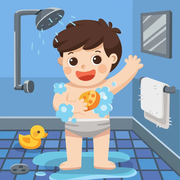 Boy Taking Shower Bathroom Lot Soap Lather Rubber Duck — Stock Vector