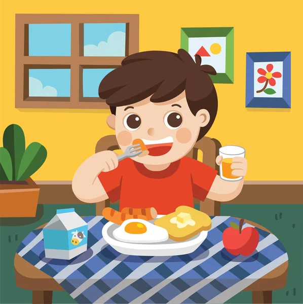 Little Boy Happy Eat Breakfast Morning — Stock Vector