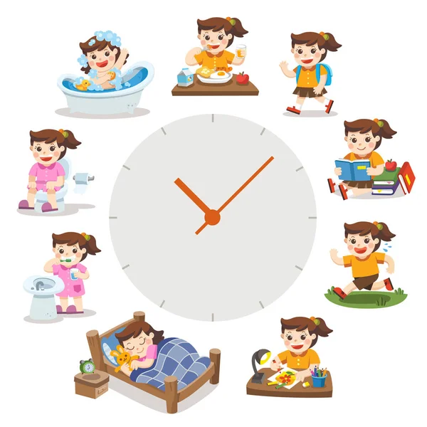 Cute Girl Different Situations Daily Routine Red Simple Watches Day — Stock Vector