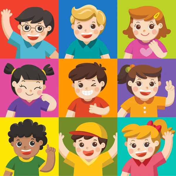 Набір Різних Дітей Різними Постами Аватари Хлопчиків Дівчаток Фоні Кольорів — стоковий вектор