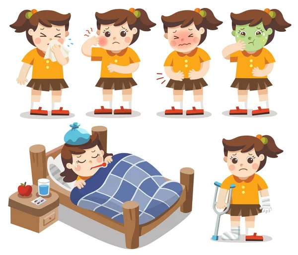 Set of A Girl get sick. She has high temperature. stomach ache , Toothache. Vector illustration — Stock Illustration Set Girl Get Sick She Has High Temperature Stomach Ache Vector Graphics