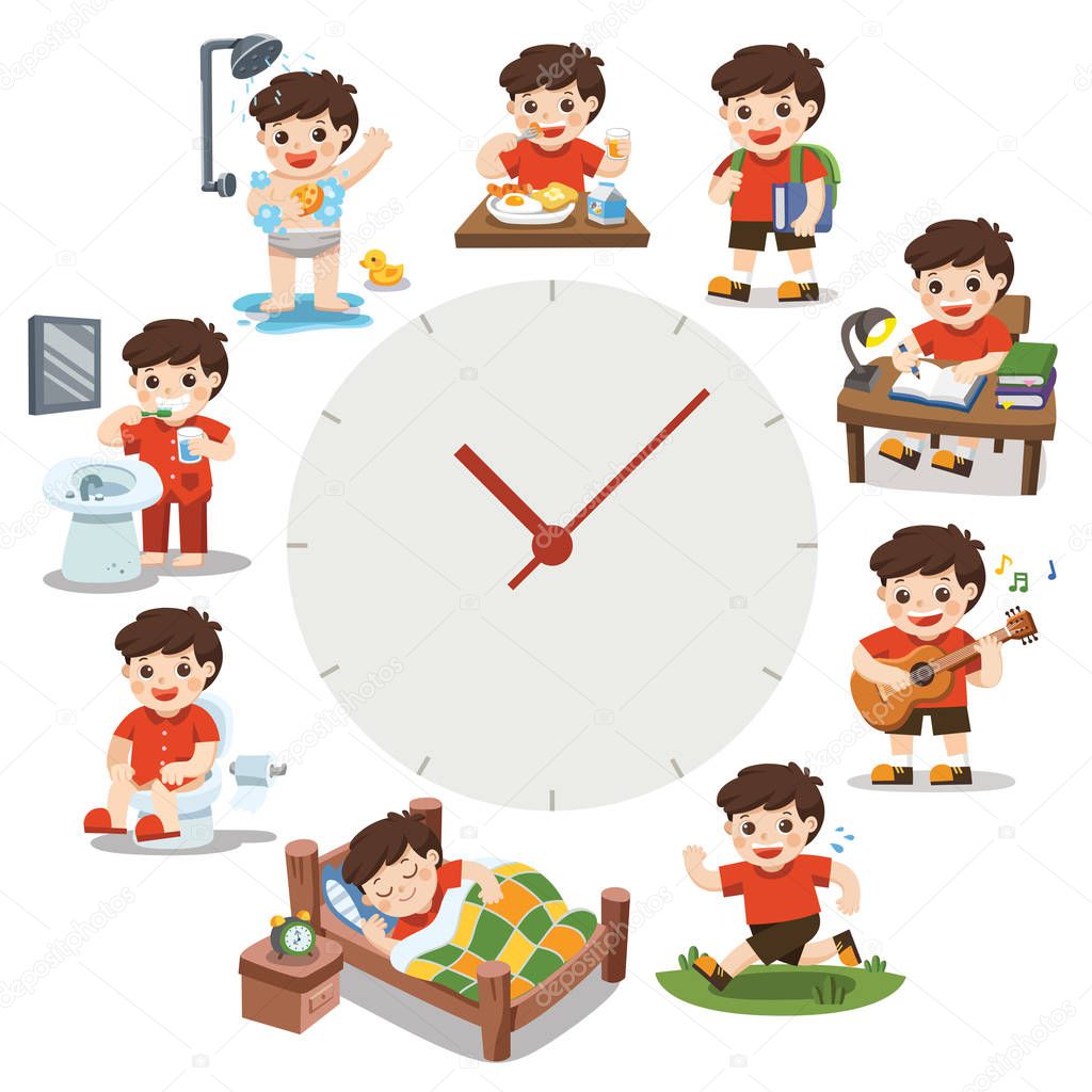 A Cute Boy in different situations. Daily routine with red simple watches. Day time. Isolated on white background.