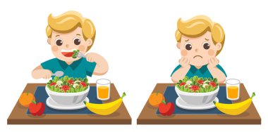 Küçük çocuk salata ve salata yemeyi mutsuz yemek mutlu. Sağlık ve büyüyen çocuk kavramı.