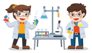 Şuna bir bak. Süre olan kimya dersi kimyasal reaktifler taşıyan akıllı çocuk.