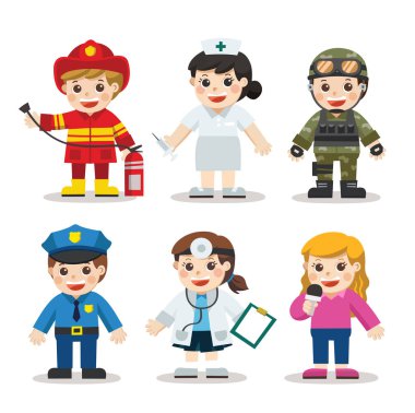 Kid Set of different professions. Doctor, Nurse, Soldier, Journalist, Police, Fireman. Vector illustration in a flat style clipart