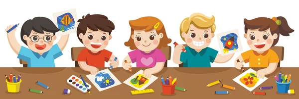 Happy Creative Kids Playing Painting Sketching Art Class Back School — Stock Vector