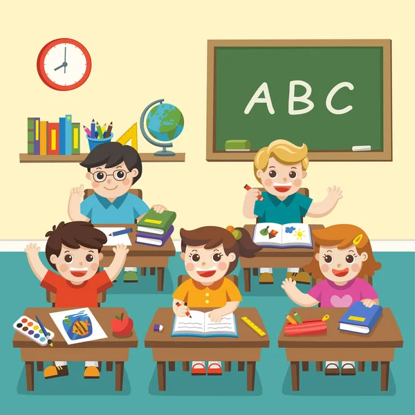 Aula Para Niños Ilustración Estudiantes Felices Estudiando Aula — Vector de stock