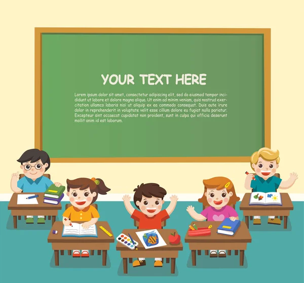 子供教室 教室で勉強して幸せな学生のイラスト 学校に戻る広告パンフレットのテンプレート — ストックベクタ