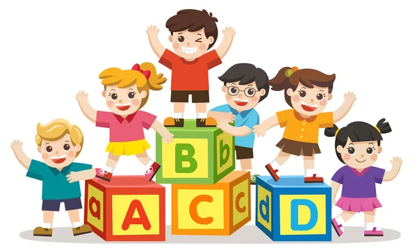 Πίσω Στο Σχολείο Ευτυχισμένος Σχολείο Παιδιά Μπλοκ Αλφάβητο — Διανυσματικό Αρχείο