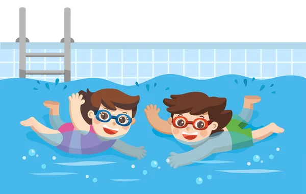 活泼活泼的小男孩和女孩在游泳池里游泳 — 图库矢量图片