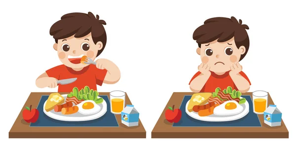 小男孩高兴地吃早饭 不高兴吃早饭 健康和成长中儿童的概念 — 图库矢量图片
