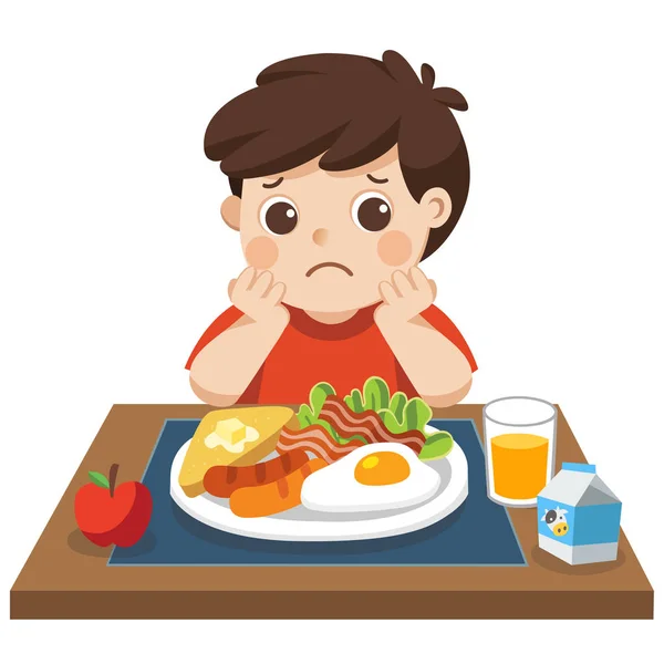 Concept Health Growing Children Little Boy Unhappy Eat Breakfast — Stock Vector