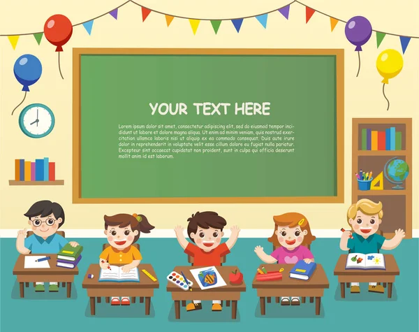 子供教室 教室で勉強して幸せな学生のイラスト 学校に戻る広告パンフレットのテンプレート — ストックベクタ