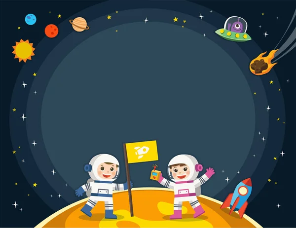 宇航员在地球上与外星人宇宙飞船 空间场景 广告宣传册模板 — 图库矢量图片