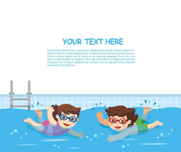 活泼活泼的小男孩和女孩在游泳池里游泳 广告宣传册模板 — 图库矢量图片