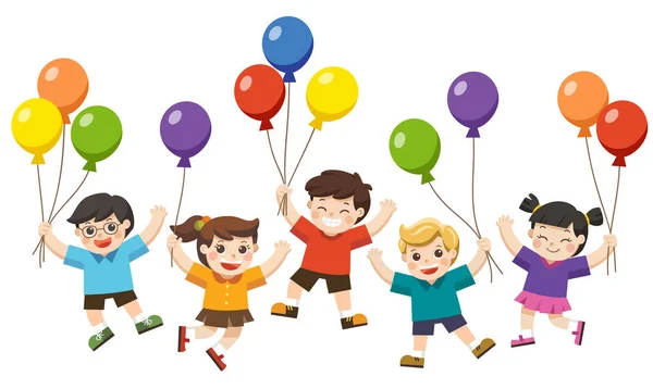 Happy Kids Jumping Together Holding Balloons — Stock Vector