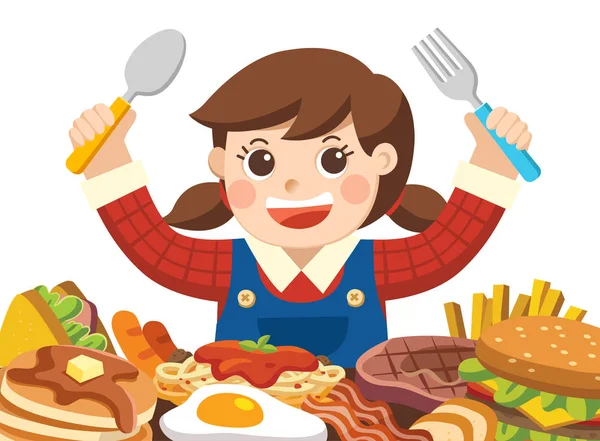 Une Fille Avec Cuillère Fourchette Manger Des Aliments — Image vectorielle